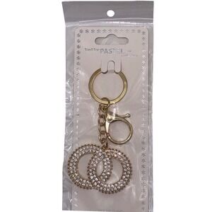 Gold Tone Double Circle Keychain Rhinestone Bling Charm Bag Accessory